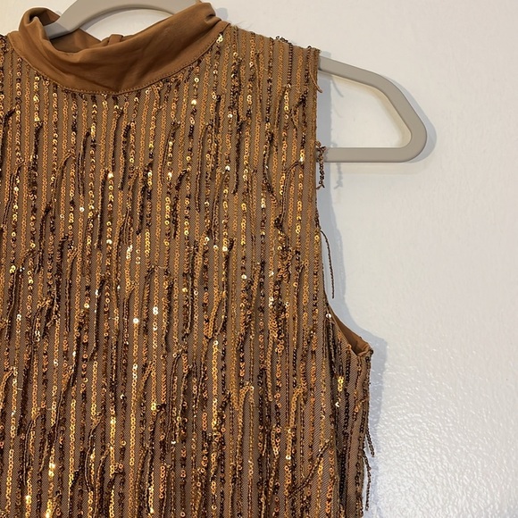 Carla Conti | Sequin gold/copper fringe mesh overlay mini dress Women’s size S - Picture 4 of 11